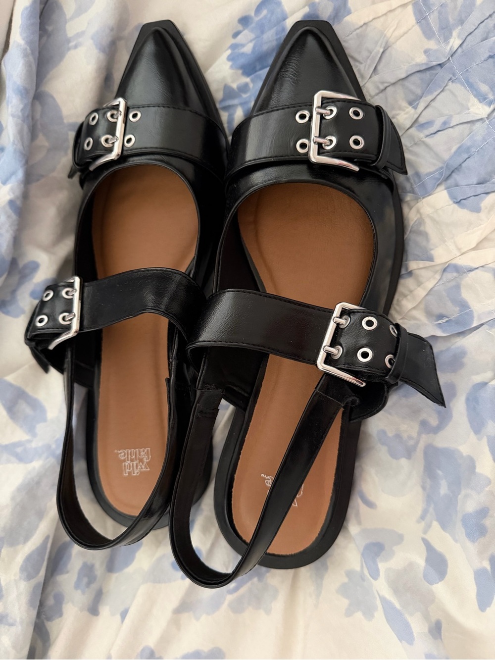 wild fable Black Pointed-Toe Slingback Flats with Silver Buckles